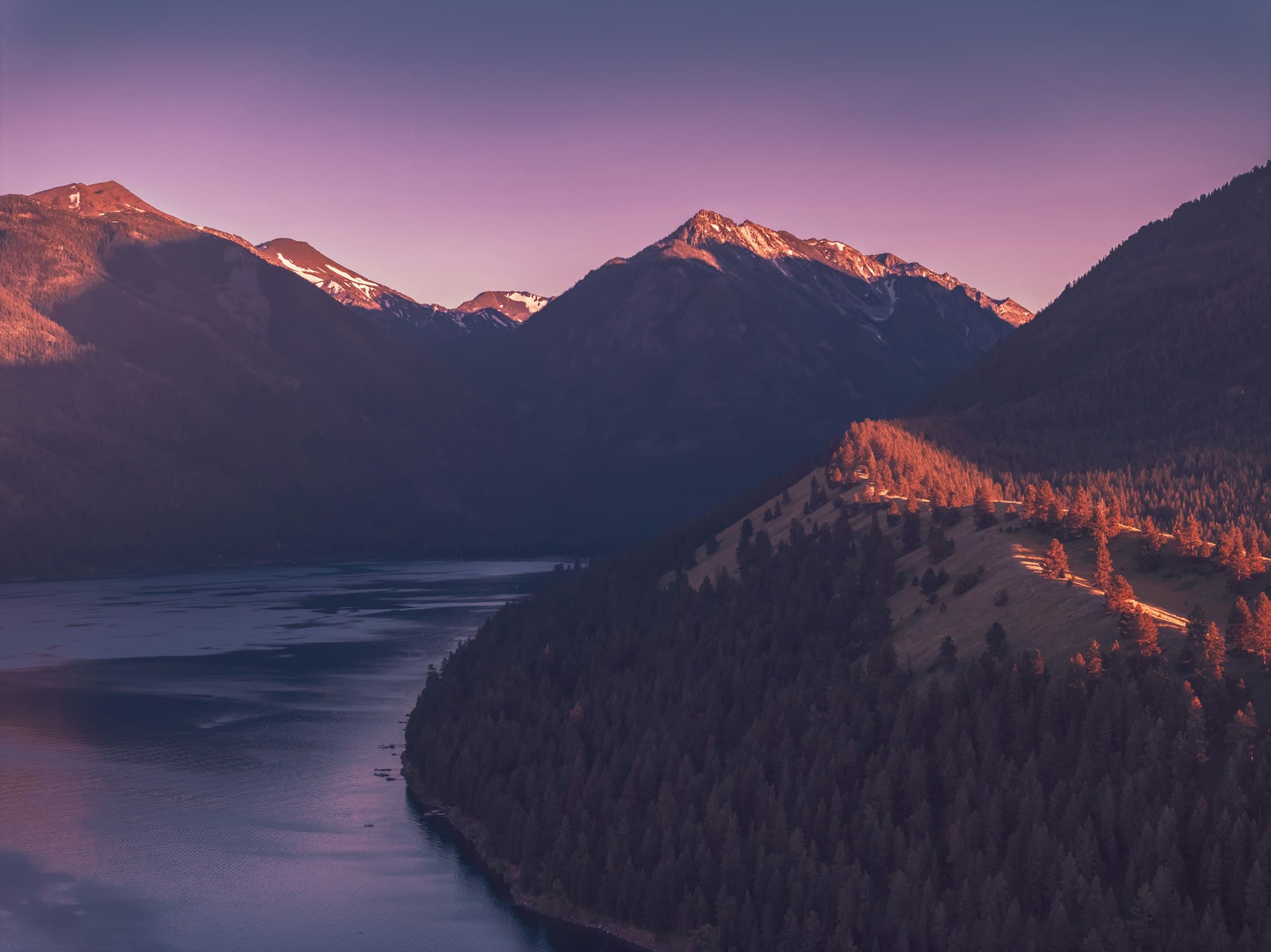 Dusk over Wallowa Lake and the Wallowa Mountains, seen from the pack station
