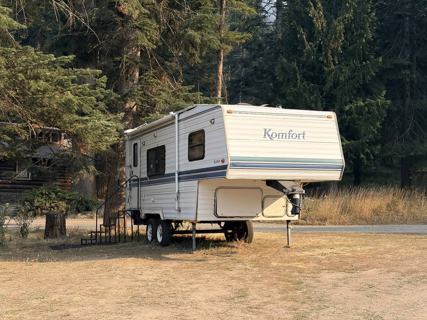The rental travel trailer set up on the lot at Wallowa Lake Pack Station